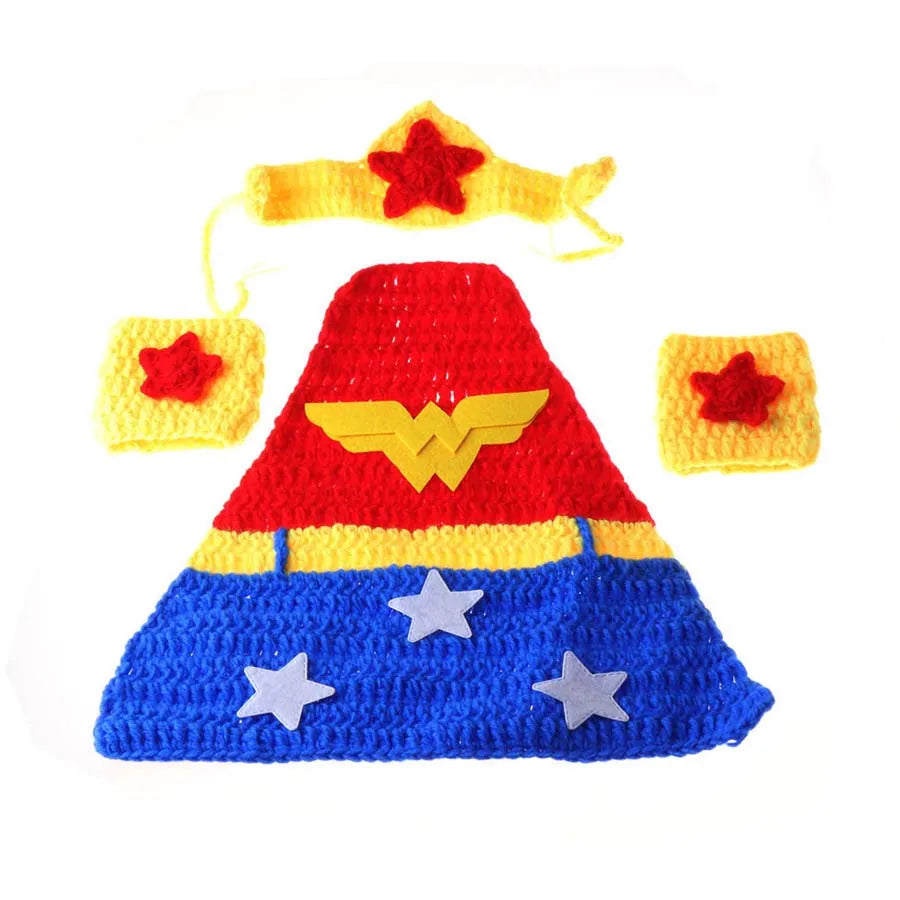 Crochet WonderWoman Newborn Photo Props Superhero Inspired Baby Costume Infant Knitted Photography Prop Halloween Outfit