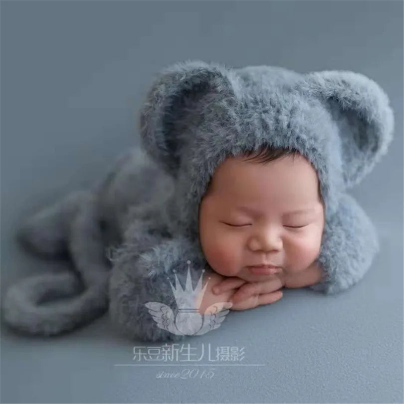 Hand Knitted Wolf Pup Footed Outfit Set Baby Boy Animal Romper