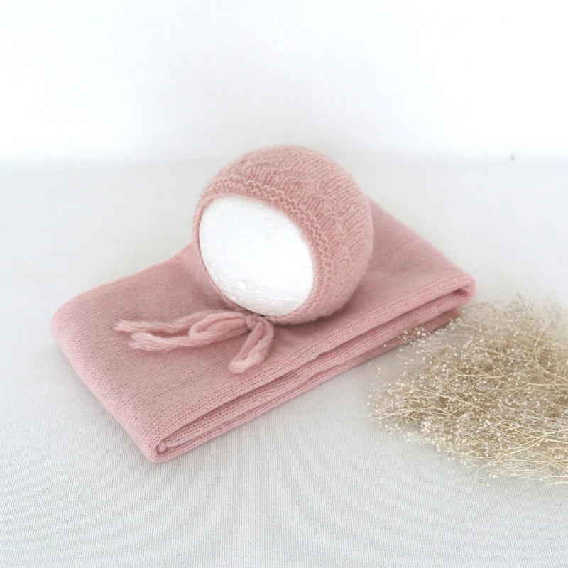 Lovely Set Of New Born Knit Mohair Wrap And Bonnet Sets