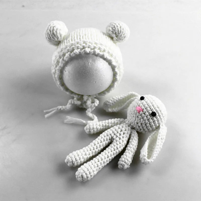 Baby Photo Shoot Newborn Photography Props Costume Infant Knitting Fotografia Crochet Rabbit Hat With Doll Outfits Accessories