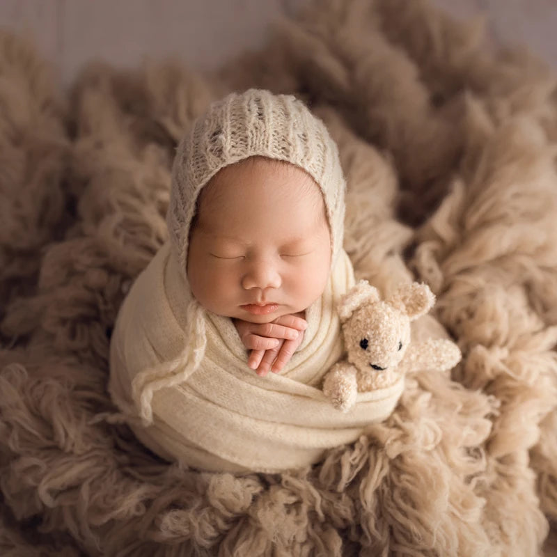 Lovely Set Of New Born Knit Mohair Wrap And Bonnet Sets