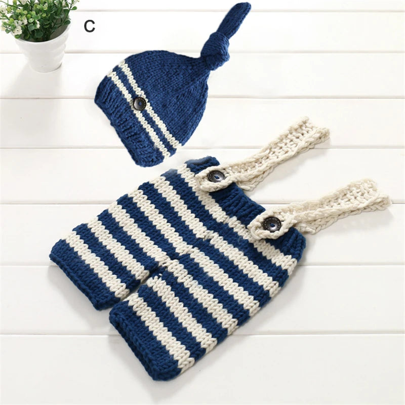 Baby Crochet Knit Overall Bib Pants + Hat 2pcs Sets