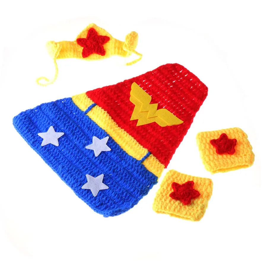 Crochet WonderWoman Newborn Photo Props Superhero Inspired Baby Costume Infant Knitted Photography Prop Halloween Outfit