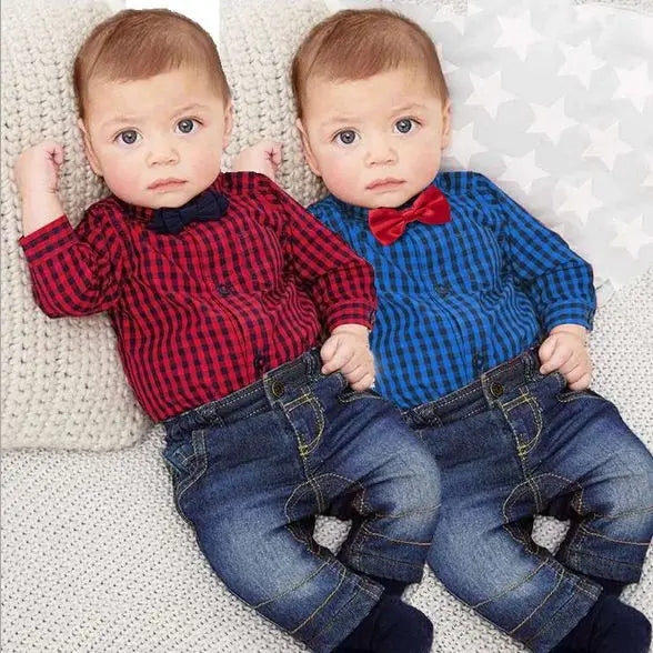 Fashion Baby Boy Clothes Set 2Pc/set T-shirt Baby Romper+ Jean Pants