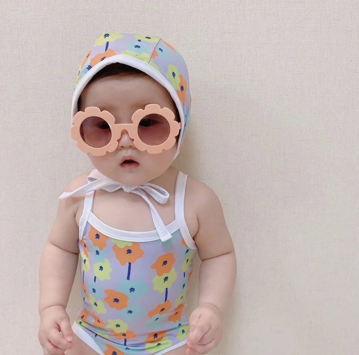 Infant Baby Sleeveless Sling Swimsuit With Cap
