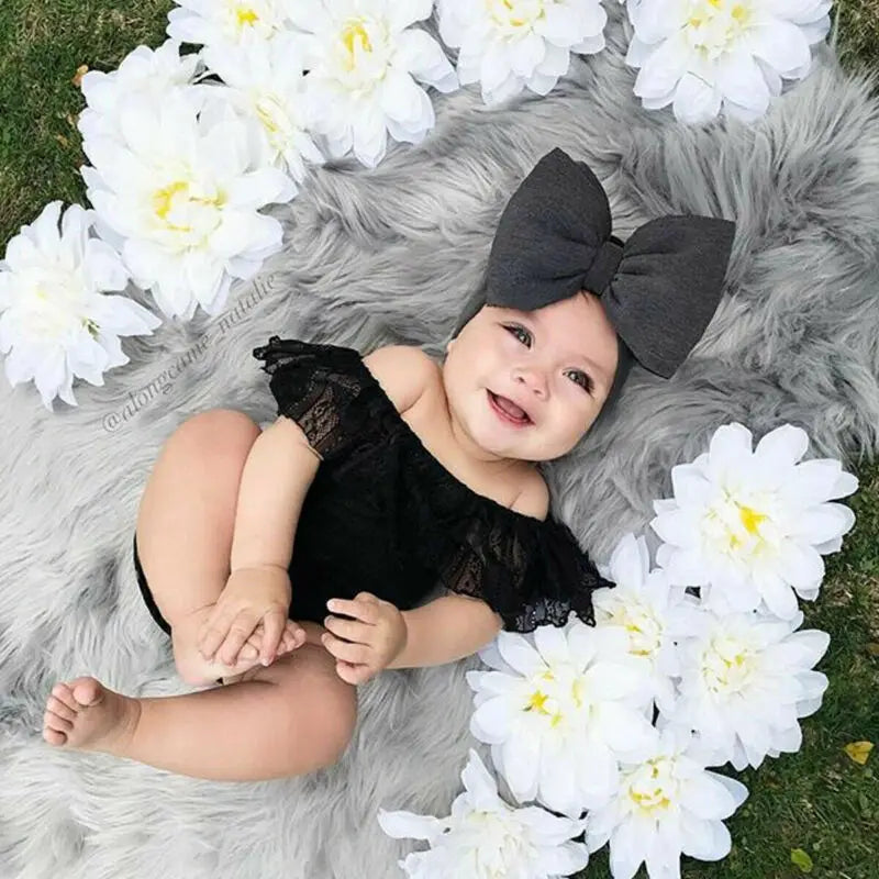Sweet 2pcs Newborn Baby Black Bodysuit Off Shoulder Lace Playsuit+Headband