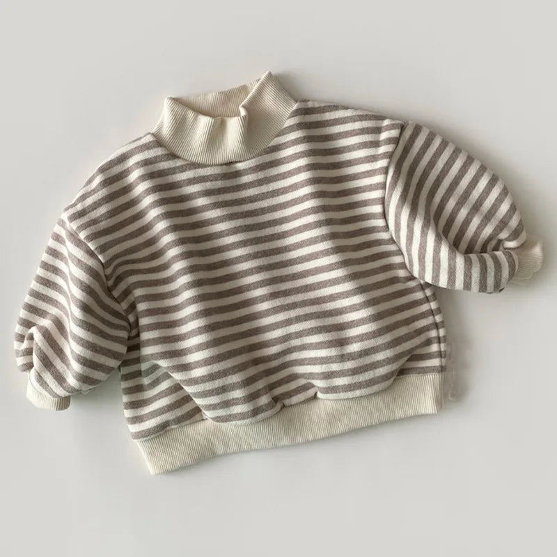 Baby Girls Striped Tops 2023 Autumn Winter New Kids Thicken Warm High-neck Sweatshirt Cotton Clothes Toddler Boys Tees