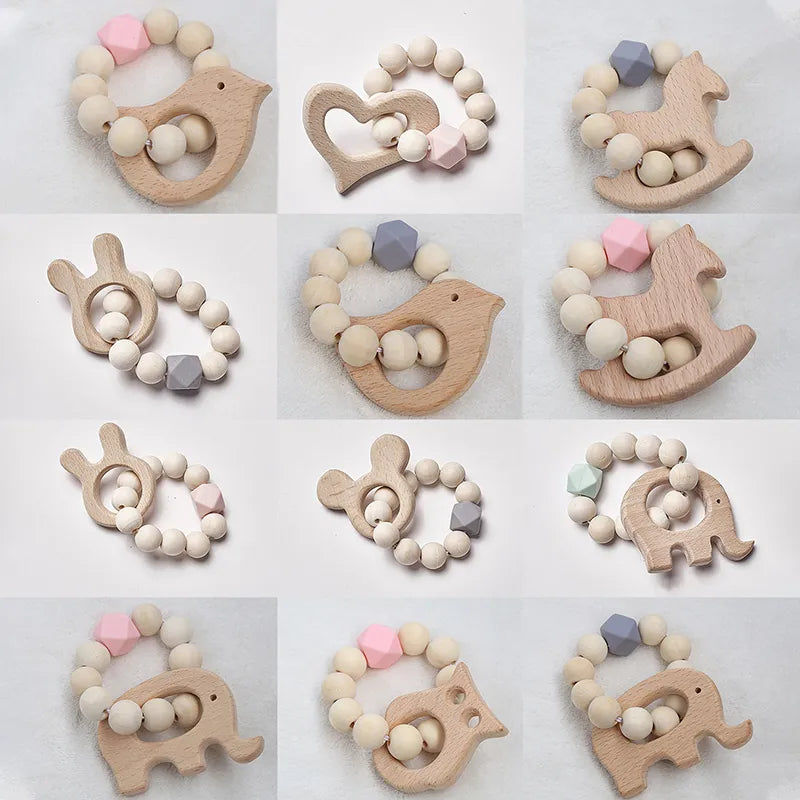 Baby Rattles Play Stroller Toy Teether Wooden Toy