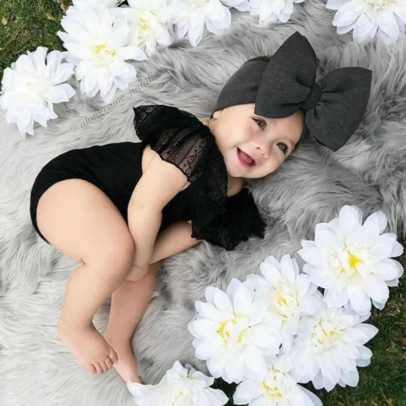 Sweet 2pcs Newborn Baby Black Bodysuit Off Shoulder Lace Playsuit+Headband