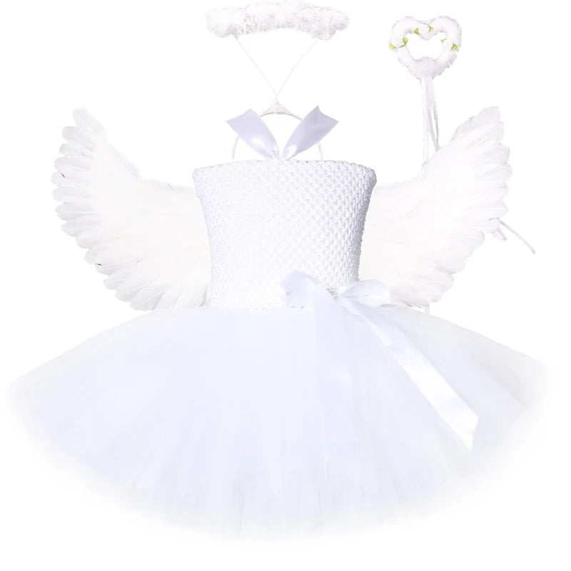 White Angel Tutu Costume for Fairy Cosplay Dress with Wings 1-14Y