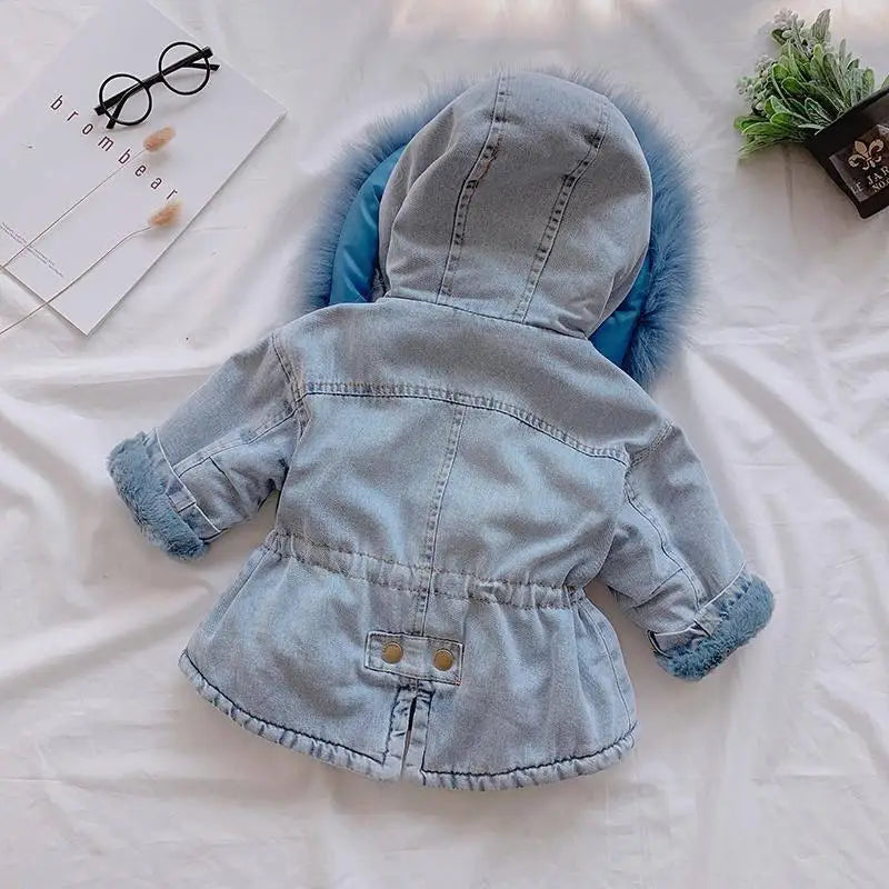 Girls' clothing 0-7 years old winter warm fashion baby jackets girls fur collar jacket plus velvet thick denim children's jacket