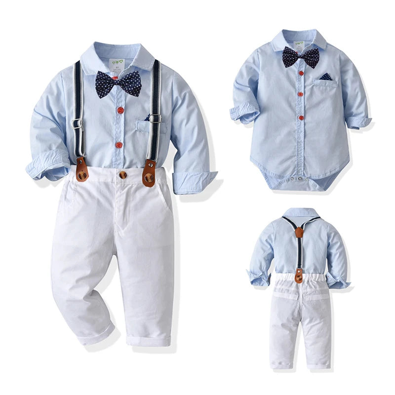 New Baby Suits Baby Boy Clothes Romper+ Suspenders Pants 2Pcs Formal Clothing Outfit Wedding Party Bow Tie Kids Birthday Dress