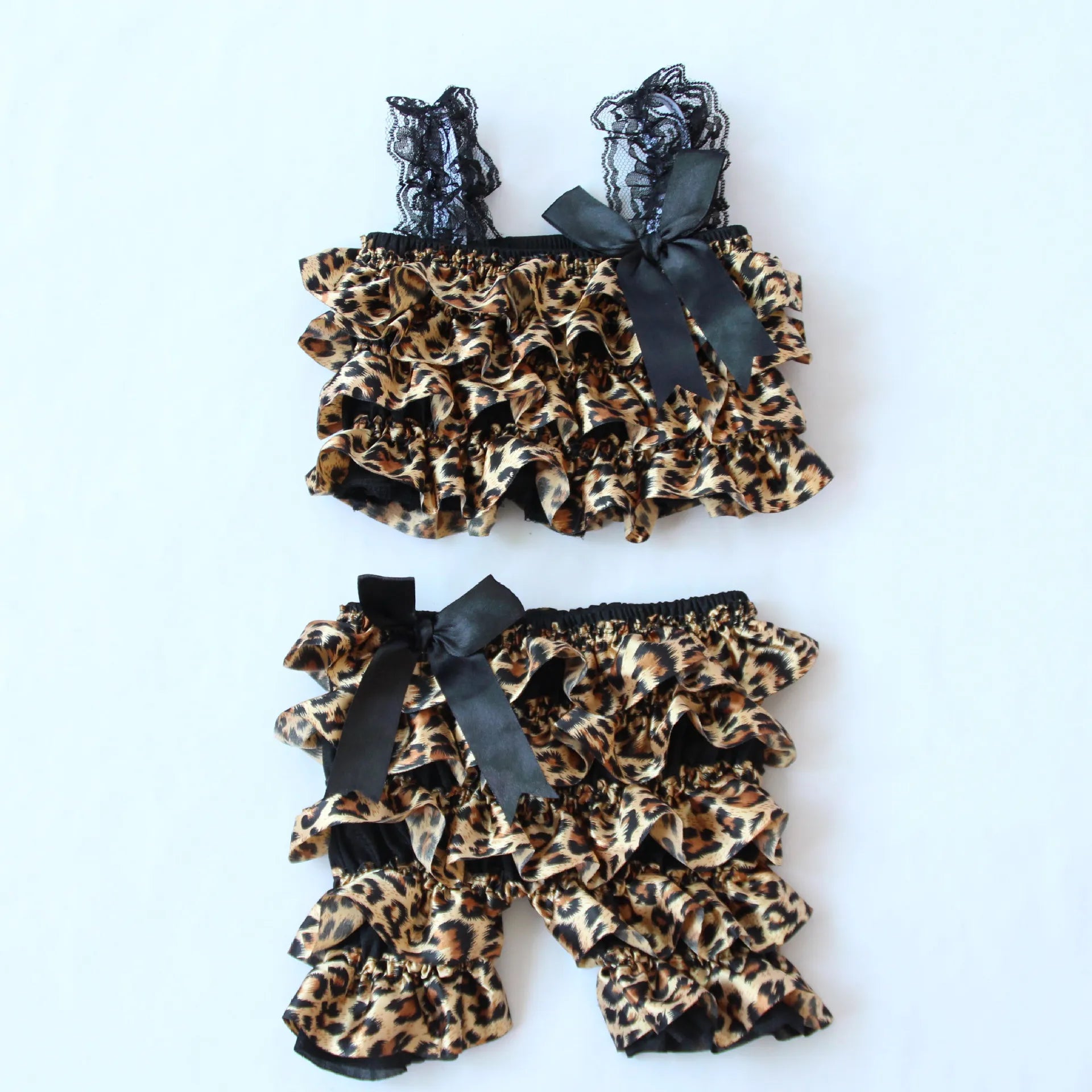 Hot Selling Toddler Fashion Summer Leopard Satin Costume Sling Ruffle Girls Baby Split Rompers Black Bow Children Clothing Suit