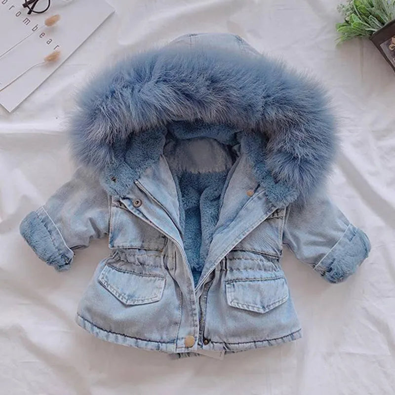 Girls' clothing 0-7 years old winter warm fashion baby jackets girls fur collar jacket plus velvet thick denim children's jacket