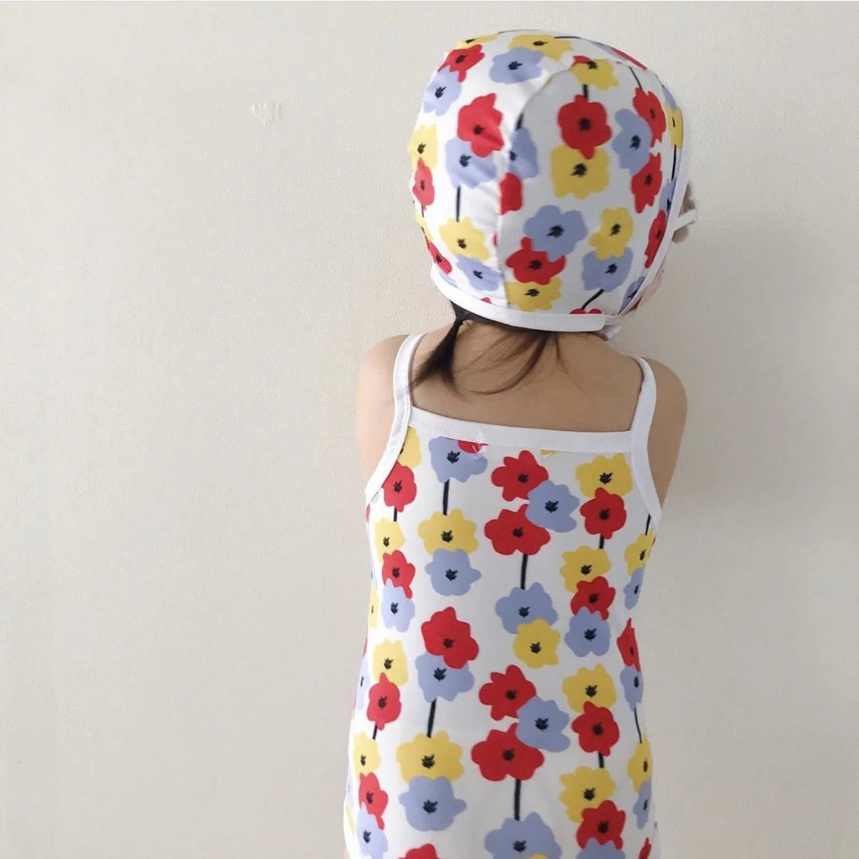 Newborn Infant Baby Boy And Girl Sleeveless Sling Swimsuit Toddler Kid Cotton Flower Pattern Printed With Swimming Cap