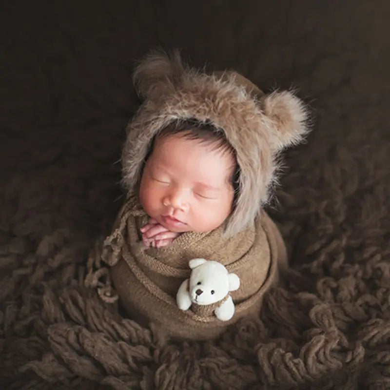 Newborn Fluffy Stretch Knit Wrap Cute Rabbit Fur Hat