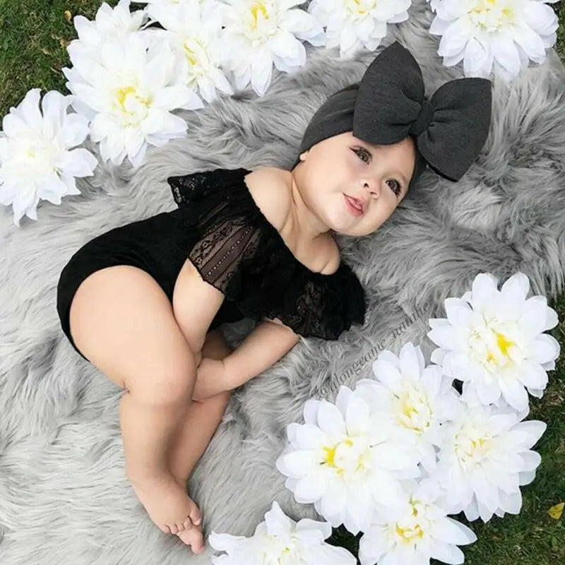 Sweet 2pcs Newborn Baby Black Bodysuit Off Shoulder Lace Playsuit+Headband