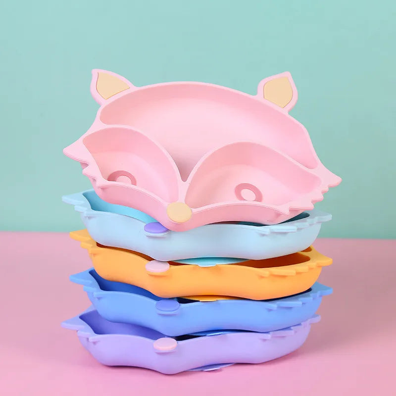 Children's silicone tableware, baby silicone suction cups, cartoon elephant, fox compartment food tray