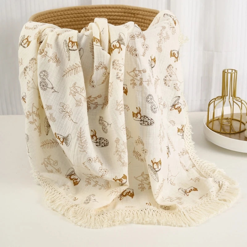 Breathable Muslin Baby Stroller Blanket Cotton Baby Wrap Cloth Breathable Receiving Blanket with Tassels for Infant