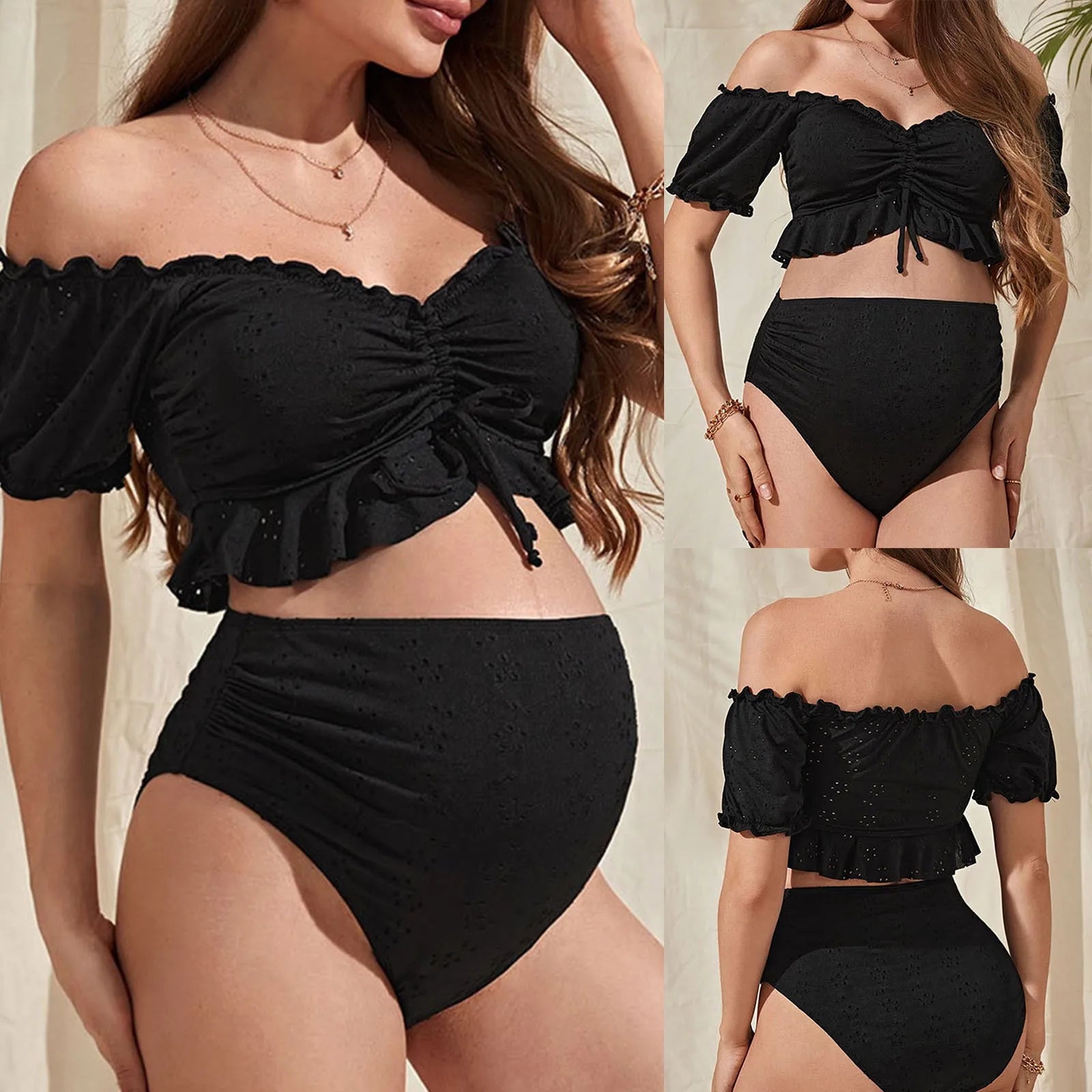 Maternity Bikini Set Tie Front Off Shoulder Swimsuit
