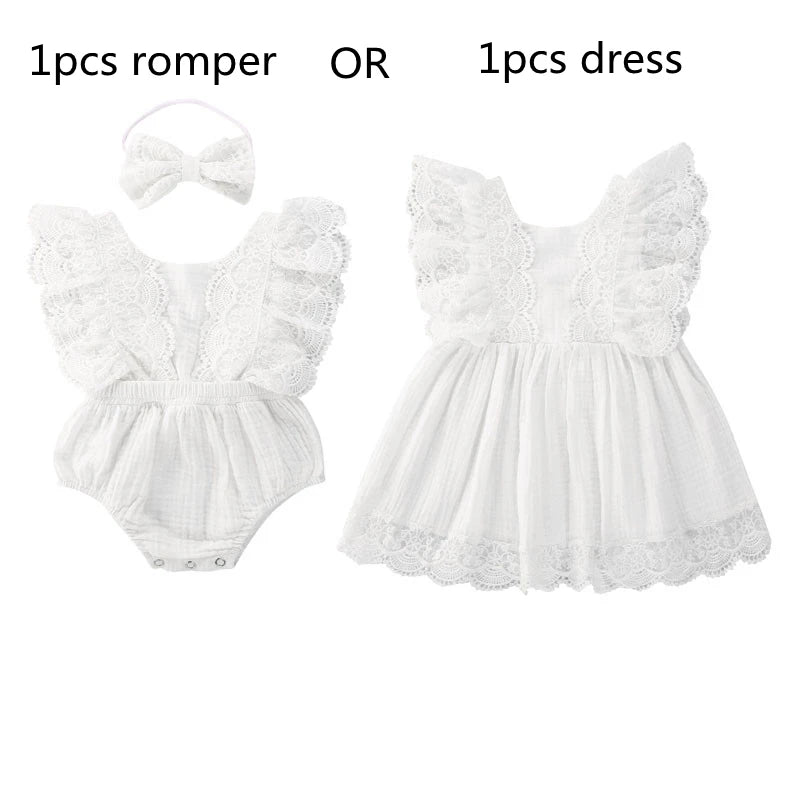 Baby Girls Sister Summer Clothing White V Neck Lace Dress
