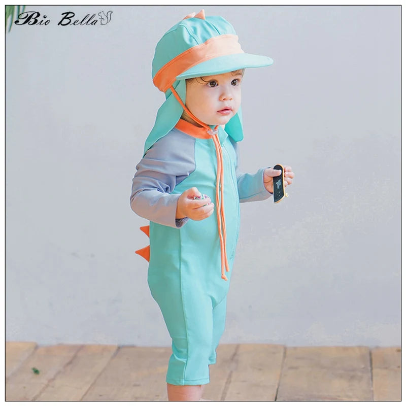 Baby Dinasour Swimwear Fashion Cartoon Sunscreeen Hat Romper Long Sleeve Swimable Beachwear Boy Girls 1-7 Year Kids Wetsuit