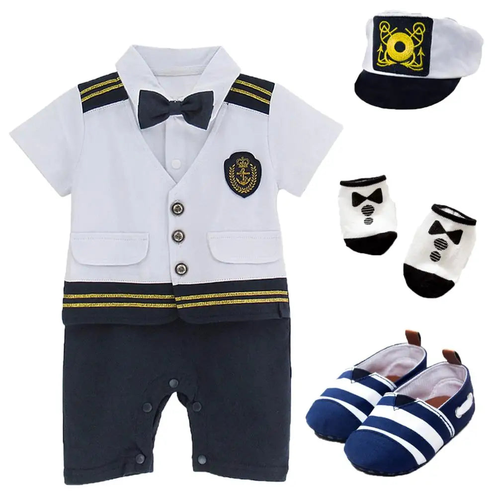 Baby Boys Captain Romper Costume Infant Set with Hats Shoes
