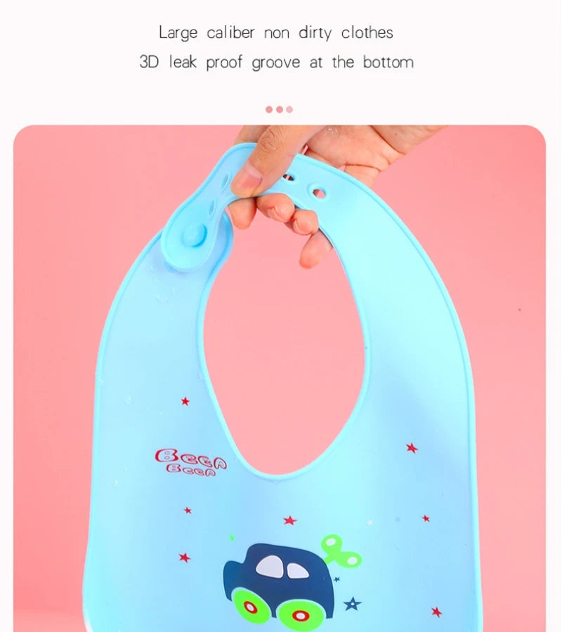 Cute Cartoon Print Unisex Baby Bandana Waterproof Silicone Saliva Towel Toddler Feeding Bibs with Food Catcher Pocket for Kids