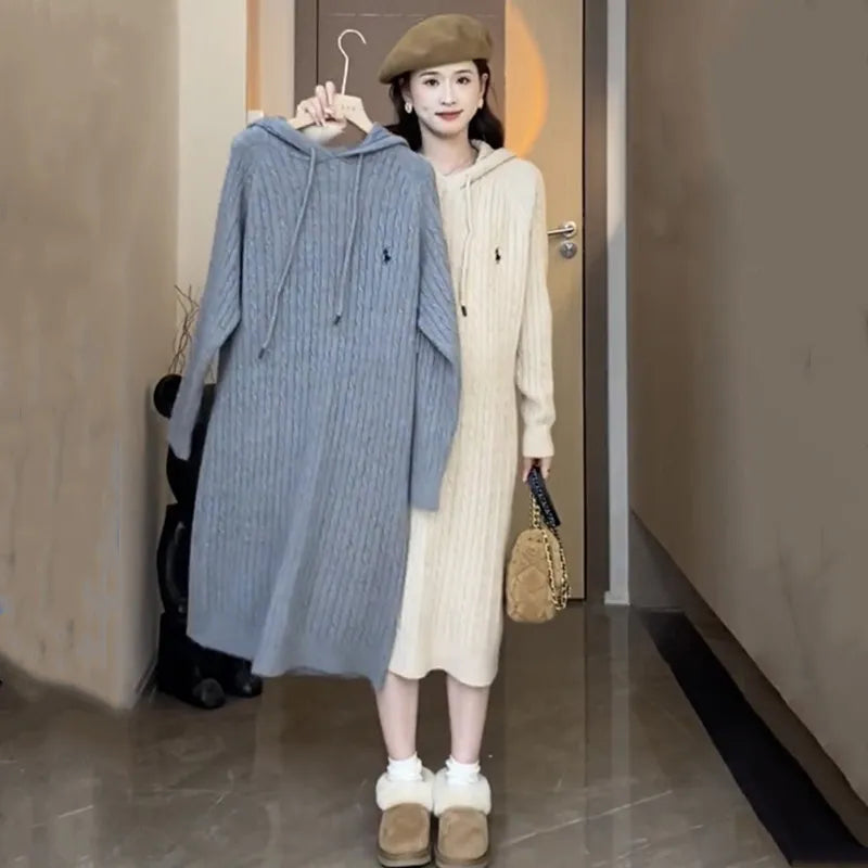 Maternity Autumn Winter Knit Dresses Clothes For Pregnant Women 2023 New Casual Hooded Loose Solid Pregnancy Long Sweater