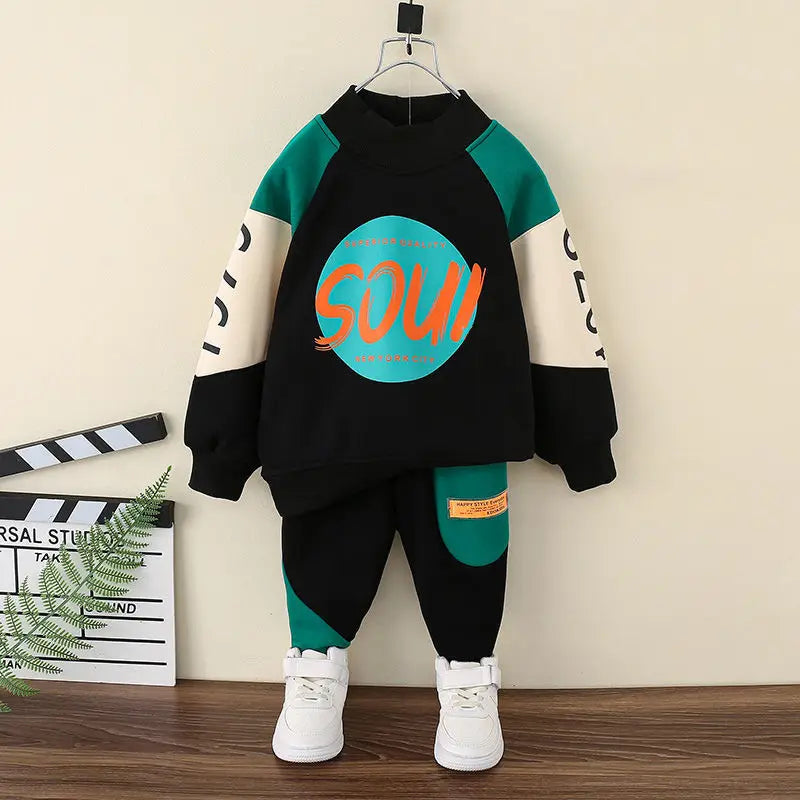 Boy Long Sleeve Letter Patchwork O-Neck Sweatshirt 2Pcs Suit