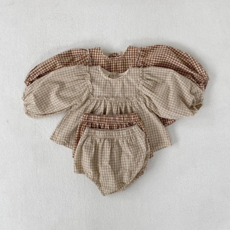 Spring Toddler Baby Girls Set Cotton Plaid Blouse and Shorts Sets