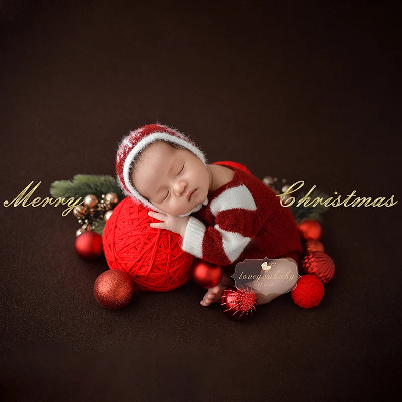 Newborn Photography Clothing Crochet Festivals Baby Outfit Red Hat +Jumpsuit 2Pcs/set Studio Baby Photo Prop Accessories