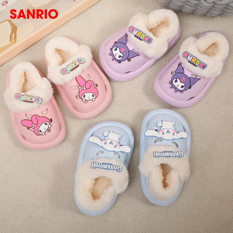 Sanrio Hello Kitty Slippers Cinnamoroll Baby Shoes Winter Childrens Detachable Cotton Slippers Bag Girl Home Non-Slip Warm Shoes