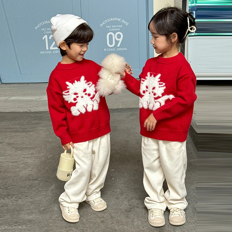 2024 Winter 1-10 Years Kid Girls Boys Mother/Father S M L XL XXL Adults Family Matching Outfits Red Chinese New Year Sweater