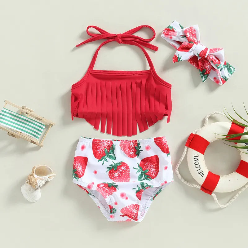 Tregren Toddler Baby Girls Swimsuit Tassel Top + Strawberry/Flower Print Shorts Headband 3pcs Bikini Split Bathing Suit Swimwear
