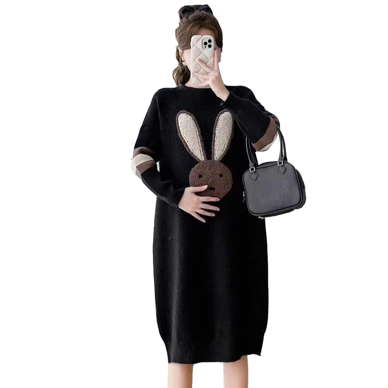 Winter Knitted Maternity Sweaters Dress Cartoon Rabbit Loose Straight Clothes for Pregnant Women Warm Pregnancy