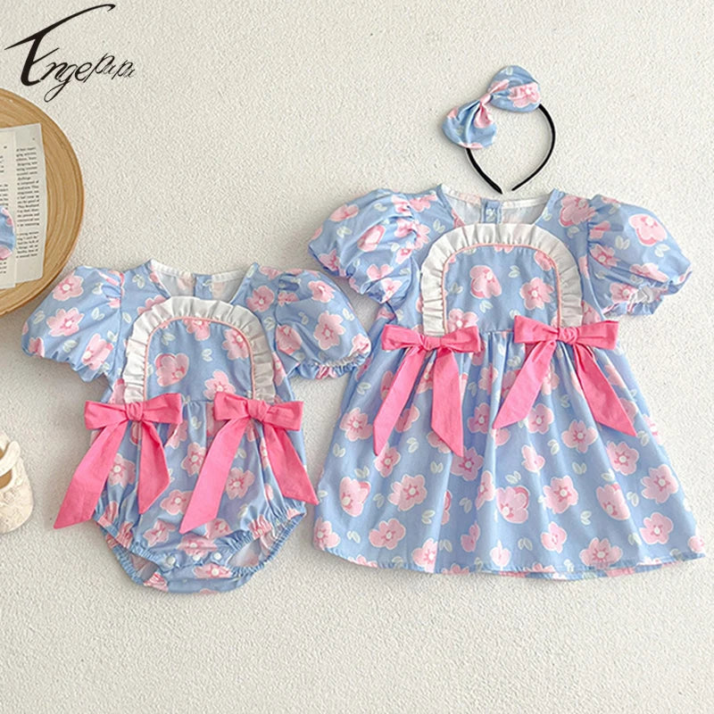 Flower Printed Toddler Baby Girls Sister Dress Summer