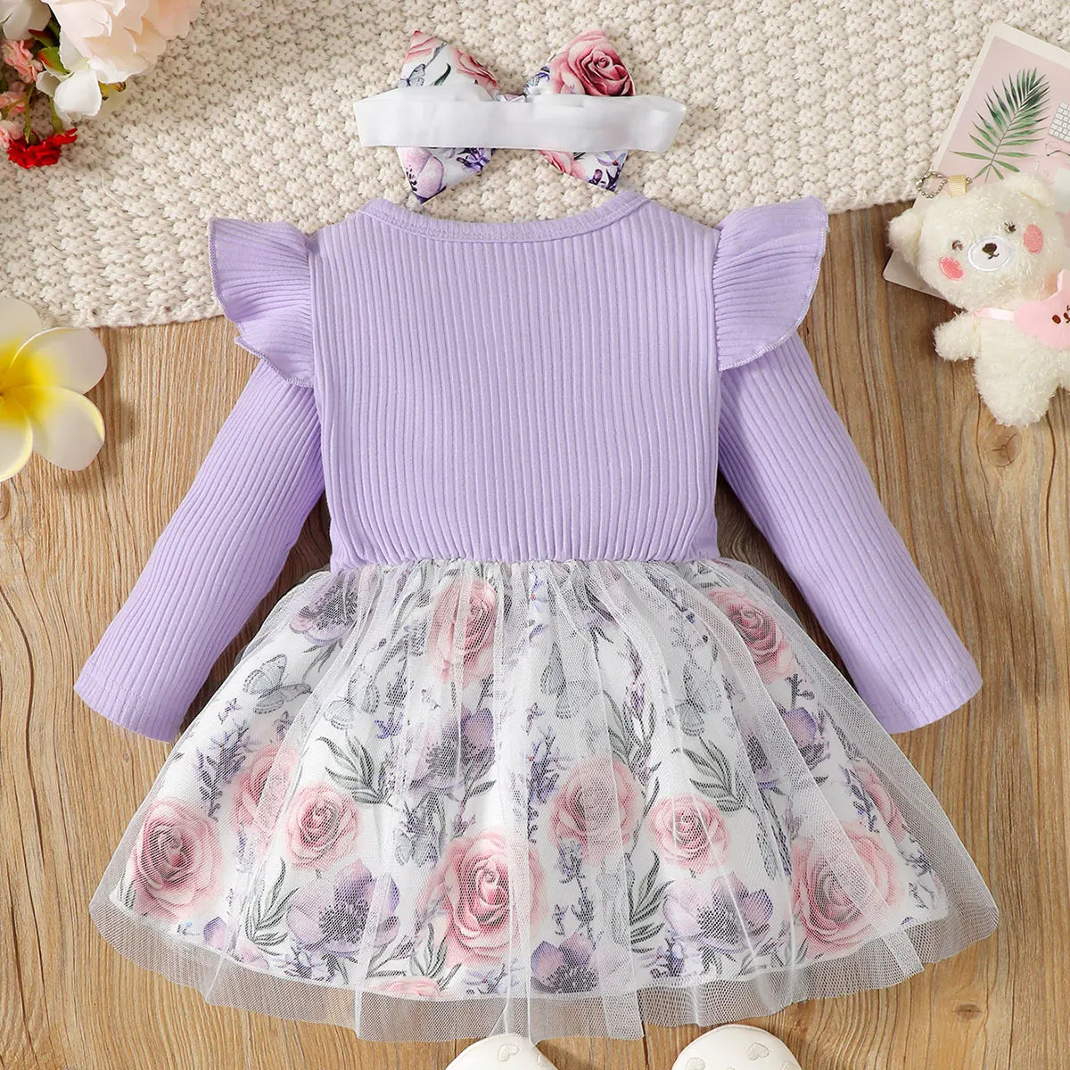 Newborn Girls Dress Spring and Autumn Toddler Girl Clothes Purple Long-sleeve Stitching Flower Print Plus White Mesh Baby Dress