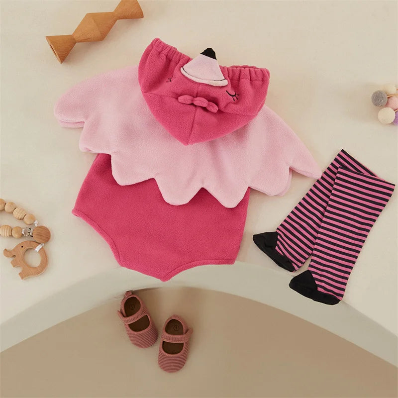 Tregren 0-24M Infant Baby Girls Romper Sets Flamingo Long Sleeve Hooded Zipper Bodysuit With Wings Socks Fall Halloween Costumes