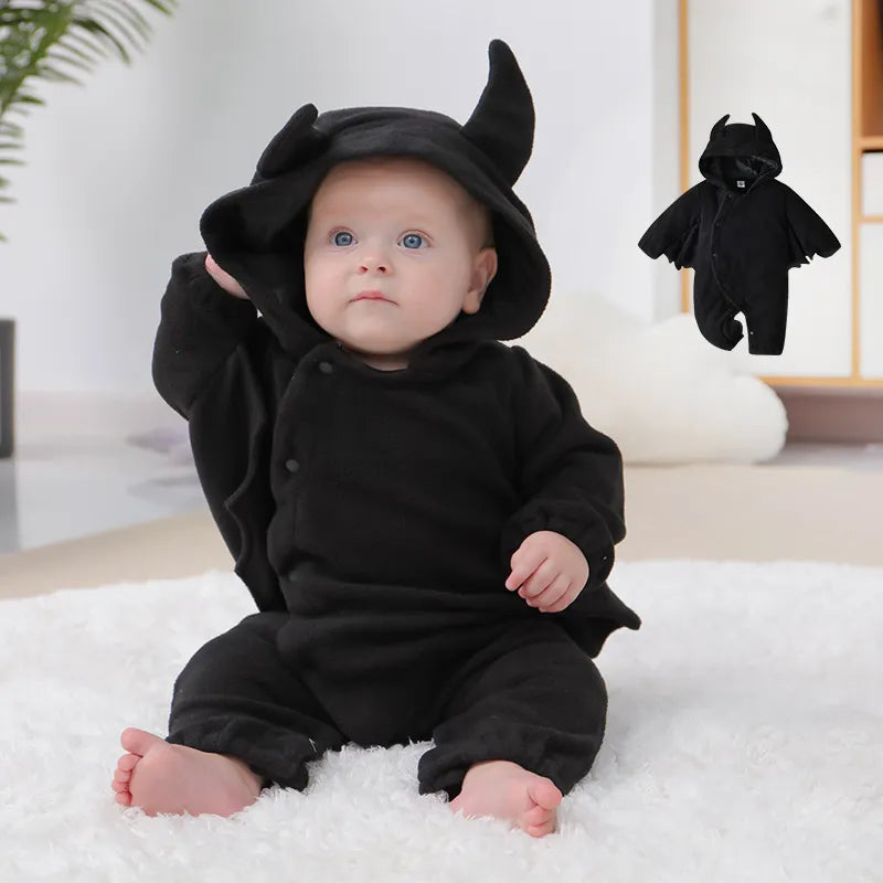 Halloween Autumn Baby Boys Bat Costume Cotton Hooded Long Sleeve Solid Newborn Boys Bodusuit Thick Fleece Infant Boys Rompers