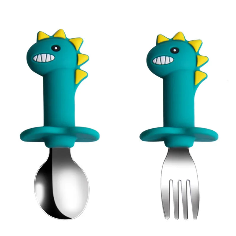 Baby Dinosaur Silicone Tableware Learning Spoon Fork Set Kids Anti-slip Feeding Training Utensils  Food Grade Silicone Dishes