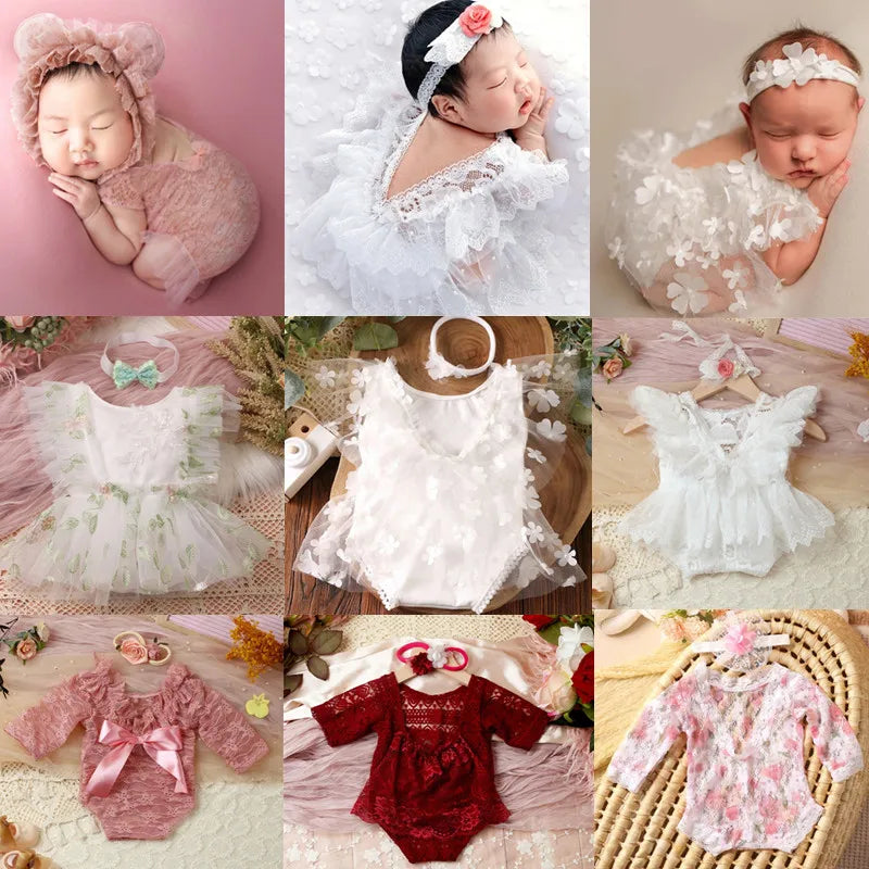 Newborn Photography Props Outfit Cute Lace Princess Baby Girls Dress+Flower Headband Set Newborn Girls Photo Shooting Clothes