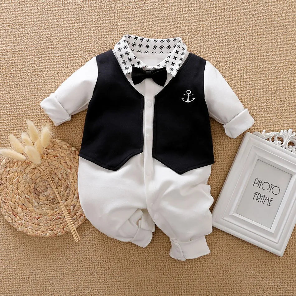 Newborn Formal Suit Baby Boy Clothes Bow Tie Tuxedo Jumpsuit