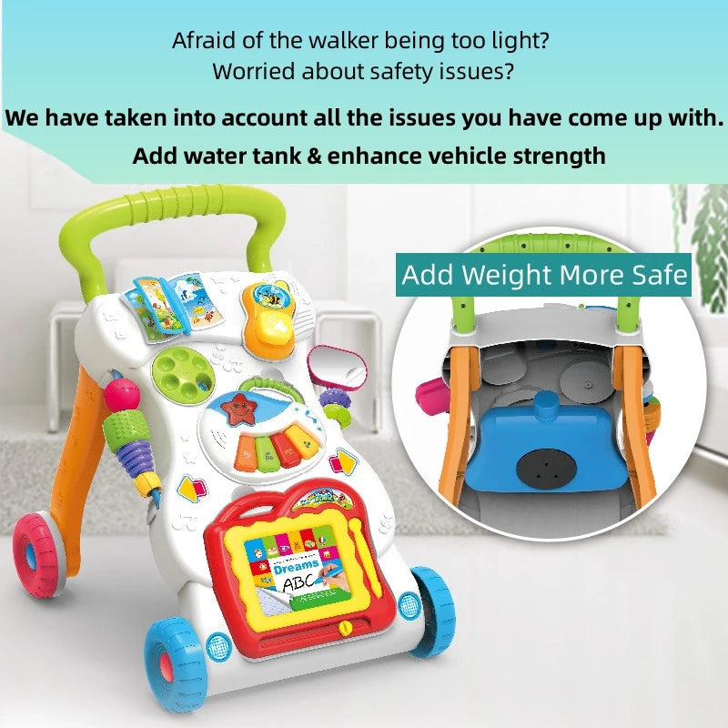 Baby First Steps Car Early Educational Music Adjustable Walker Kids Toddler Trolley Adjustable Speed Anti Roll Add Water Tank