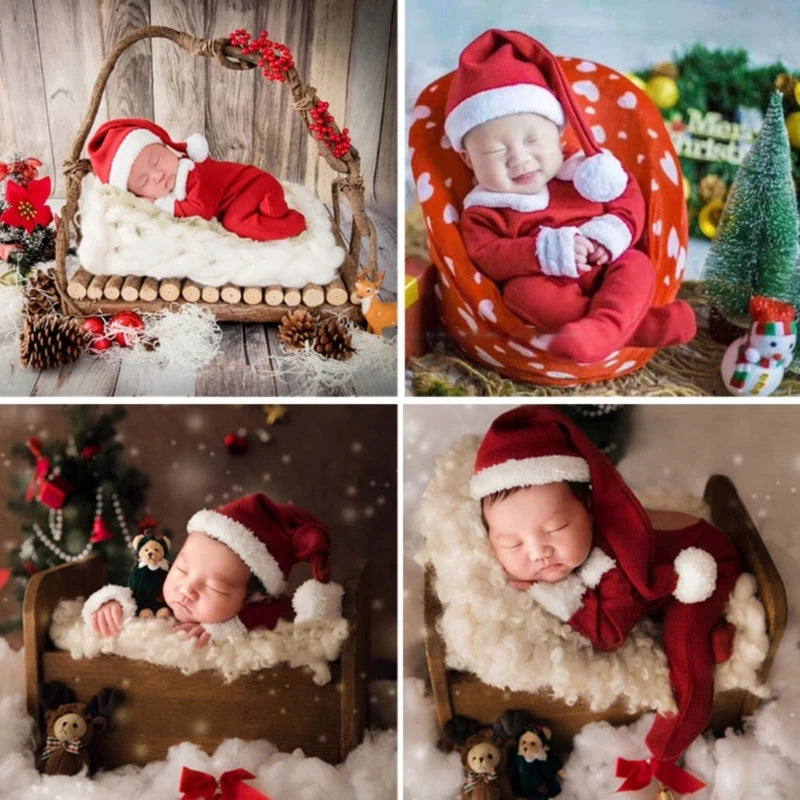 Newborn Photo Props Santa Clause Hat Footed Romper Pants Posing Props Baby Photography Bodysuit Infant Christmas Costume