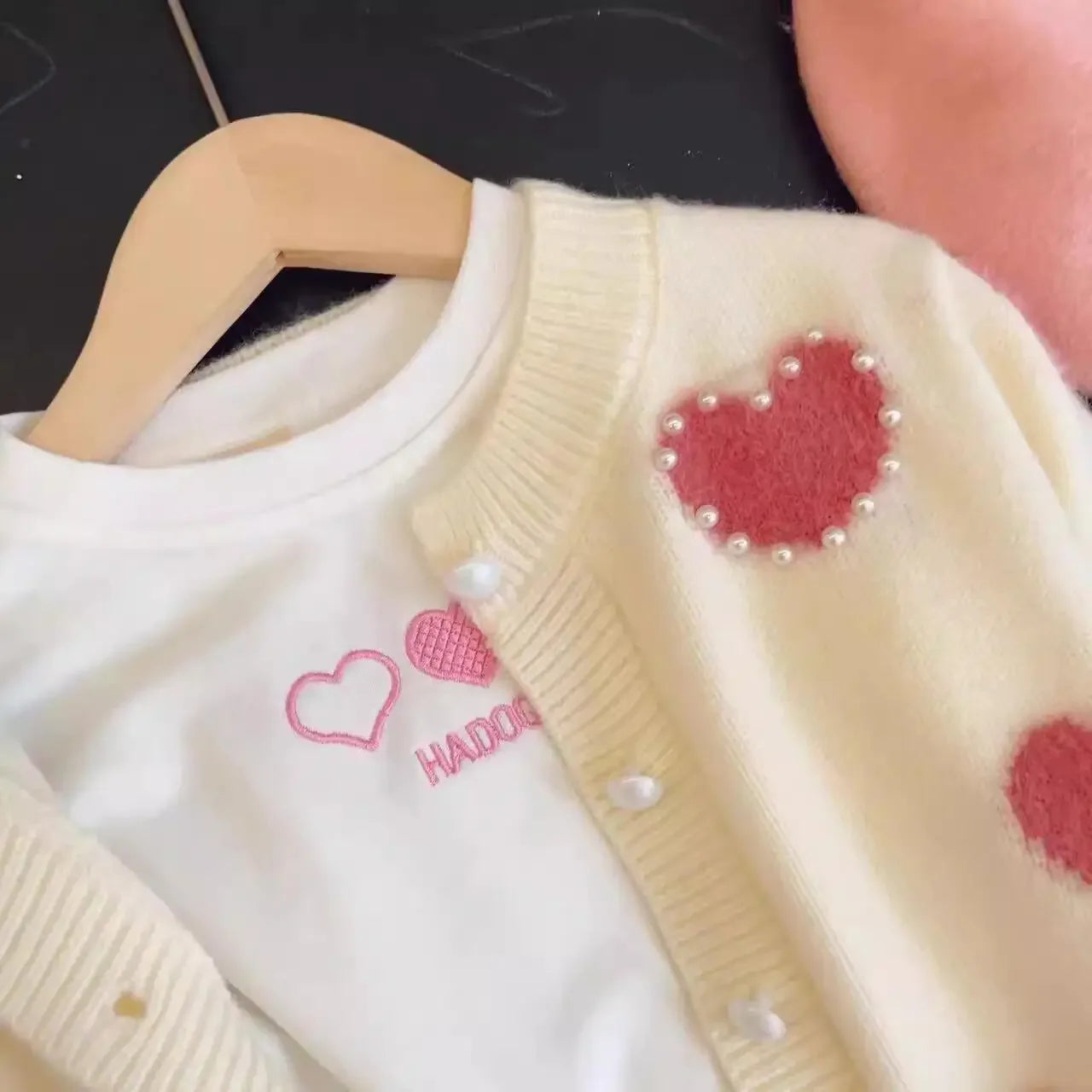 Children's Clothes Valentine's Day Baby Girl Love Cardigan Sweater Bottoming Shirt Casual Jeans Three-piece Children's Suit