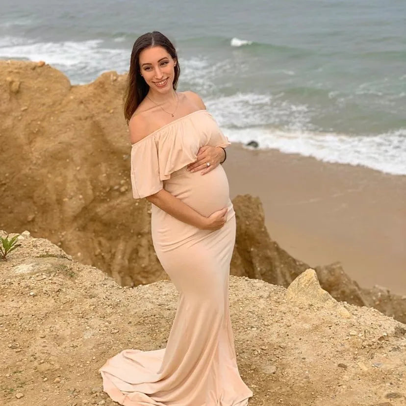 Liu&Qu Women Maternity Photo Shoot Dresses Elegant Slim Robe Pregnancy Photography Dress Off Shoulder Long Dresses Party Clothes