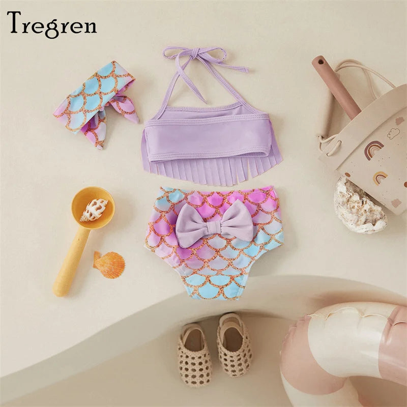 Tregren Toddler Baby Girls Swimsuit Beach Bikini Halter Tassel Fish Scale/Watermelon Print Swimwear Summer Swimming Bathing Suit