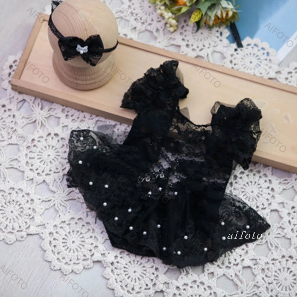 Newborn Photography Props Girl Dresses Black Lace Headband Set Outfits Bodysuits Romper For Baby Photo Shoot Studio Accessories