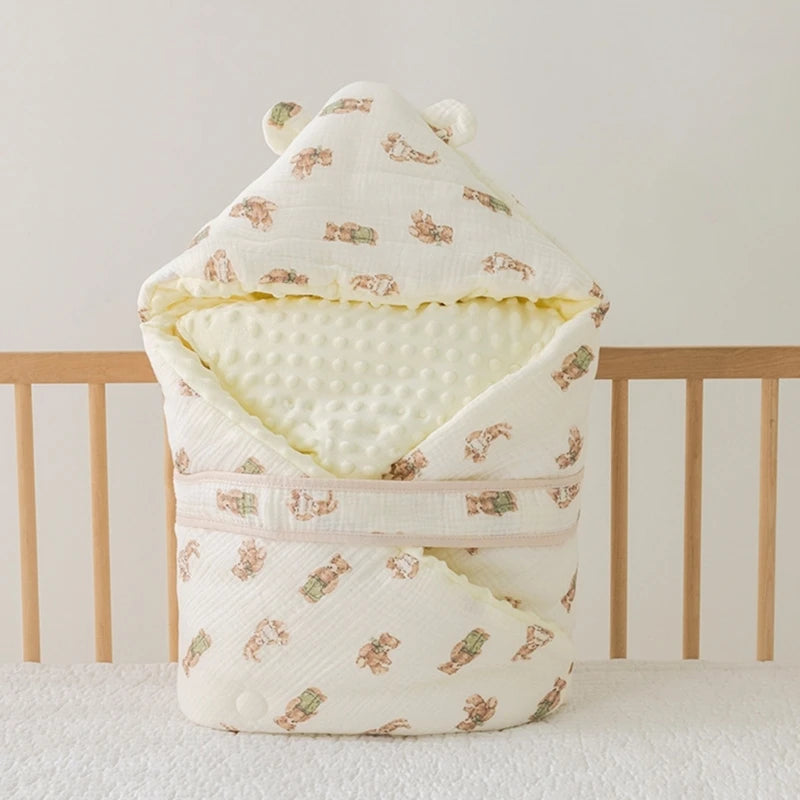 Cotton Flannel Baby Blanket Swaddle Hooded Cartoon Bear Print Winter Warm Baby Quilt Fleece Thickened Newborn Sleeping Bag